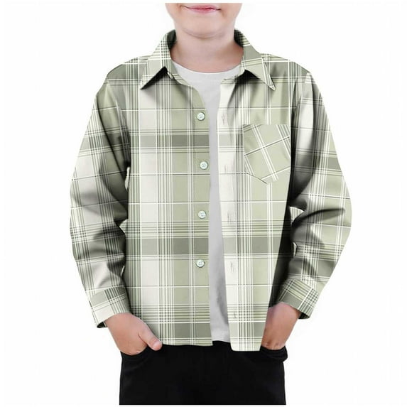 OGLCCG Little Boys Plaid Shirt Casual Lapel Collar Long Sleeve Button Down Shirt with Chest Pocket Loose Fit School Uniform Shirt 3-9 Years