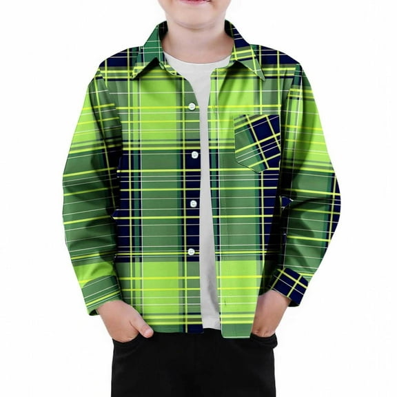 OGLCCG Little Boys Plaid Shirt Casual Lapel Collar Long Sleeve Button Down Shirt with Chest Pocket Loose Fit School Uniform Shirt 3-9 Years