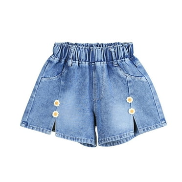OGLCCG Little Girl's Jeans Shorts Floral Prinetd Elastic High Waist Denim Shorts with Pockets Summer Casual Cute Baggy Lounge Shorts 2-7 Years