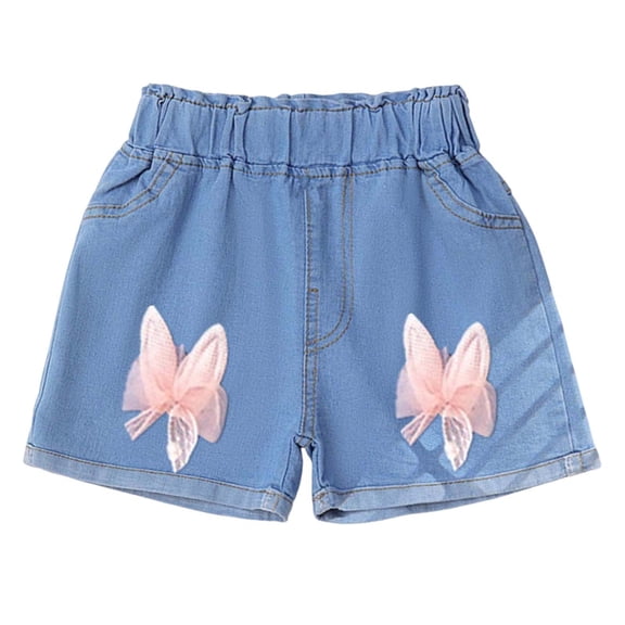 OGLCCG Little Girls Jean Shorts Elastic Waist Baggy Denim Shorts for Teen Girls Cartoon Graphic Summer Loose Fit Cotton Shorts 2-11 Years