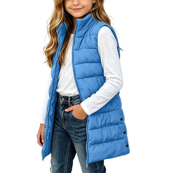 OGLCCG Long Puffer Vest Girls Sleeveless Quilted Warm Coat Gilet Jacket Fall Winter Zip Up Padded Outerwear with Pockets(Blue,9-10 Years)