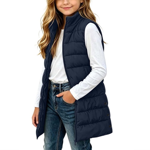 OGLCCG Long Puffer Vest Girls Sleeveless Quilted Warm Coat Gilet Jacket Fall Winter Zip Up Padded Outerwear with Pockets(Navy,7-8 Years)