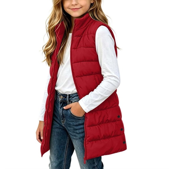 OGLCCG Long Puffer Vest Girls Sleeveless Quilted Warm Coat Gilet Jacket Fall Winter Zip Up Padded Outerwear with Pockets(Red,13-14 Years)