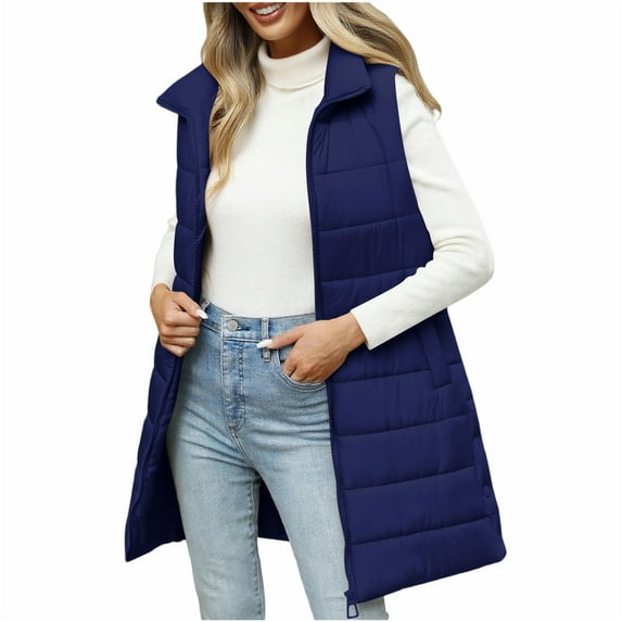 OGLCCG Long Puffer Vest for Womens Lightweight Full Zip Sleeveless Puffer Vest Jackets Soft Winter Warm Padded Gilet With Pockets,XL,Navy