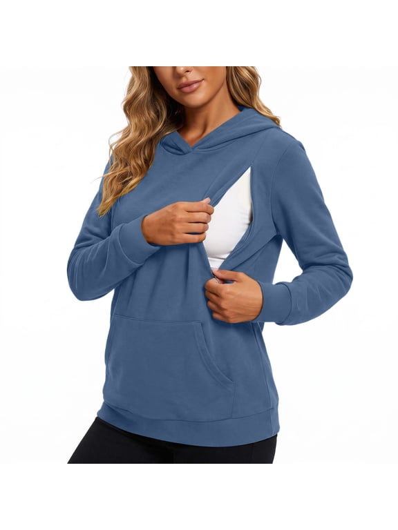 Long Sleeve Maternity Nursing Tops Clothes for Women Side Split Nursing Breastfeeding Sweatshirt Hoodies,Navy