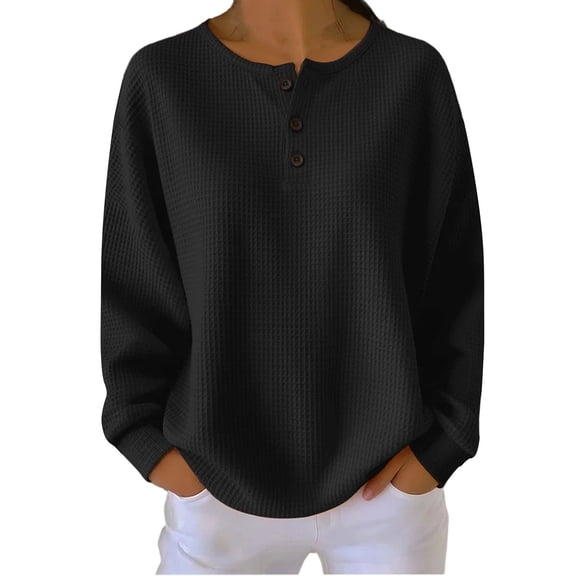 OGLCCG Long Sleeve Shirts for Women Waffle Knit Crewneck Button Up Pullover Shirts Trendy Loose Fit Casual Solid Color Blouses Tops,XXL,Black