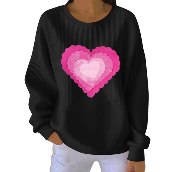 OGLCCG Long Sleeve Valentines Shirts for Women Funny Heart Printed Valentine's Sweatshirts Loose Fit Crewneck Ribbed Knit Blouse Tops,M,Black