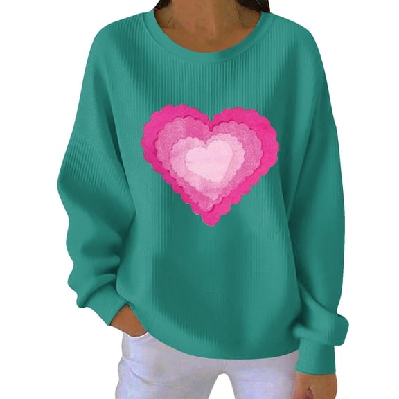 OGLCCG Long Sleeve Valentines Shirts for Women Funny Heart Printed Valentine's Sweatshirts Loose Fit Crewneck Ribbed Knit Blouse Tops,S,Light Blue
