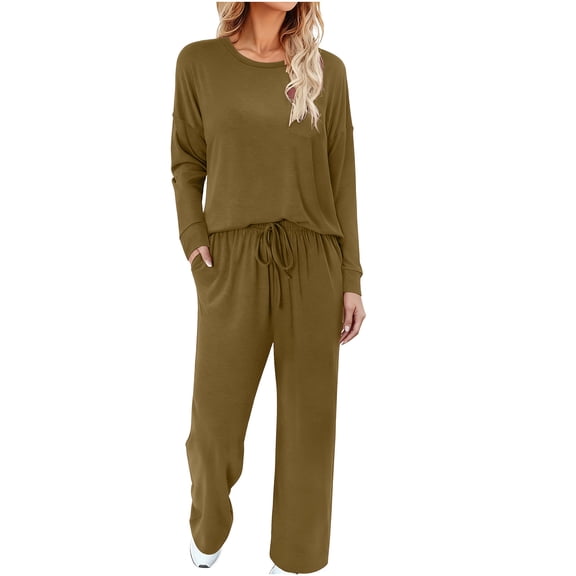 OGLCCG Lounge Sets for Womens Crewneck Long Sleeve Tops and Wide Leg Pants Solid Color 2 Piece Casual Travel Sweatsuit Outfits with Pockets,XXL,Coffee