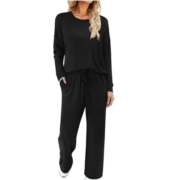 OGLCCG Lounge Sets for Womens Crewneck Long Sleeve Tops and Wide Leg Pants Solid Color 2 Piece Casual Travel Sweatsuit Outfits with Pockets,L,Black