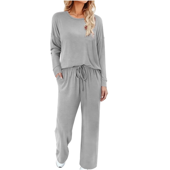 OGLCCG Lounge Sets for Womens Crewneck Long Sleeve Tops and Wide Leg Pants Solid Color 2 Piece Casual Travel Sweatsuit Outfits with Pockets,XXL,Gray