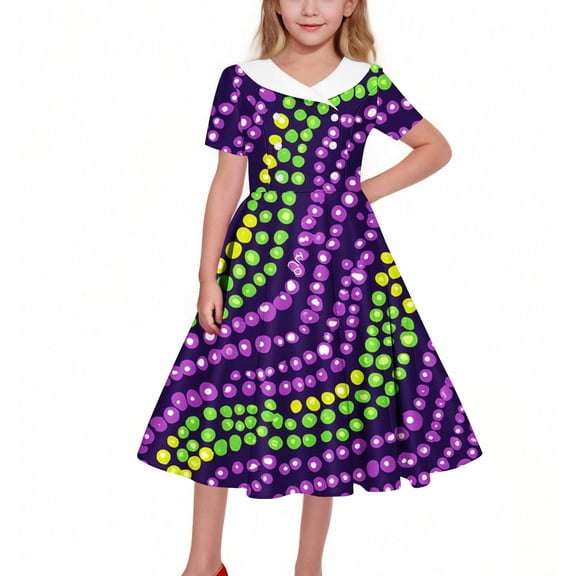 OGLCCG Mardi Gras Girls Retro Dress Short Sleeve A Line Twirly Dresses Trendy Printed School Party Pleated Flowy Tunic Dress 5-14 Years