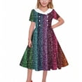 thumbnail image 1 of OGLCCG Mardi Gras Girls Retro Dress Short Sleeve A Line Twirly Dresses Trendy Printed School Party Pleated Flowy Tunic Dress 5-14 Years, 1 of 6
