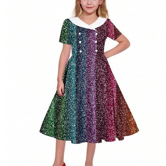 OGLCCG Mardi Gras Girls Retro Dress Short Sleeve A Line Twirly Dresses Trendy Printed School Party Pleated Flowy Tunic Dress 5-14 Years