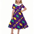 thumbnail image 1 of OGLCCG Mardi Gras Girls Retro Dress Short Sleeve A Line Twirly Dresses Trendy Printed School Party Pleated Flowy Tunic Dress 5-14 Years, 1 of 6