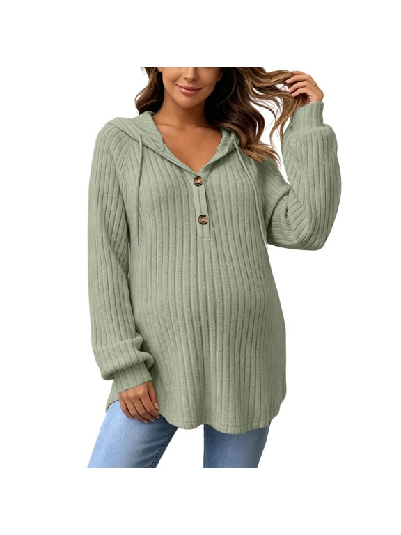 Maternity Hoodies for Women Ribbed Knit Long Sleeve Maternity Hooded Sweater Fall Pregnancy Shirts,Green