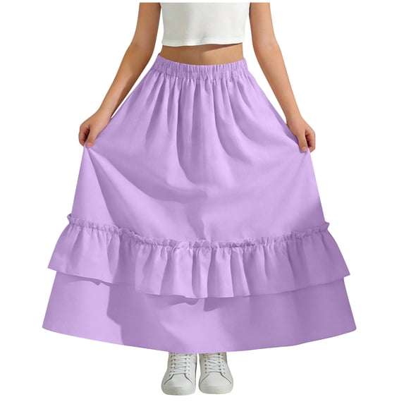 OGLCCG Maxi Skirts for Girls Casual Elastic High Waisted Ruffled Long Skirt Summer Boho A Line Flowy Swing Tiered Skirts with Pockets
