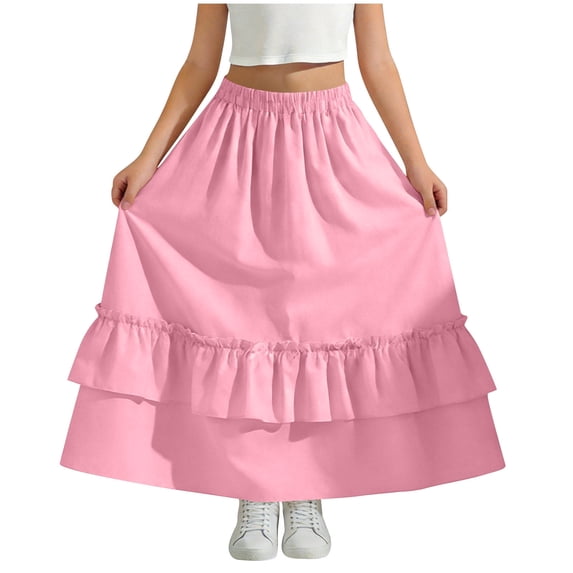OGLCCG Maxi Skirts for Girls Casual Elastic High Waisted Ruffled Long Skirt Summer Boho A Line Flowy Swing Tiered Skirts with Pockets