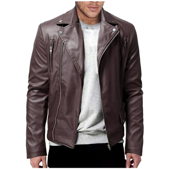 OGLCCG Men Faux Leather Jacket Lightweight Zip Up Lapel Collar PU Motorcycle Jacket Trendy Long Sleeve Bomber Outwear with Pockets,L,Brown
