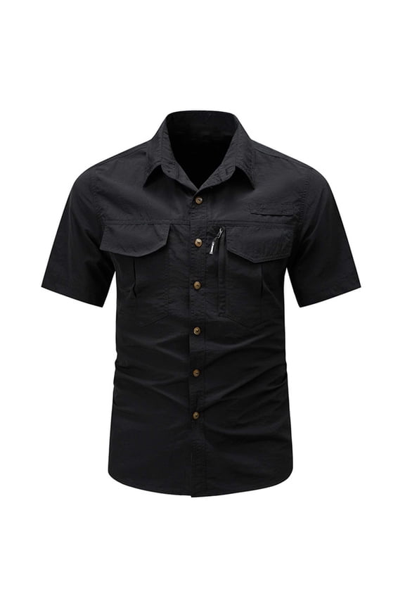 Men Short Sleeve Cargo T Shirt Summer Casual Button Down Tactic Military Shirt Outdoor Hiking Safari Work Shirt with Pockets,XL,Black 1