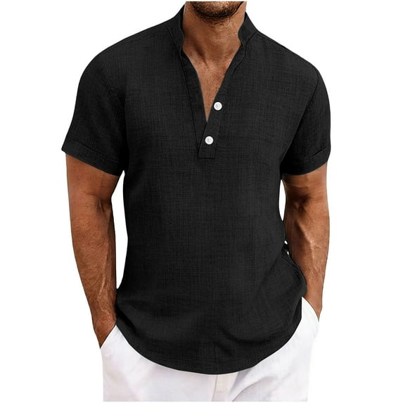 OGLCCG Men Summer Cottn Linen Shirt V-Neck Button Down Short Sleeve T-Shirt Fashion Solid Color Casual Loose Hawaii Beach Shirt,M,Black