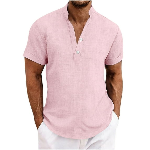 OGLCCG Men Summer Cottn Linen Shirt V-Neck Button Down Short Sleeve T-Shirt Fashion Solid Color Casual Loose Hawaii Beach Shirt,XXL,Pink