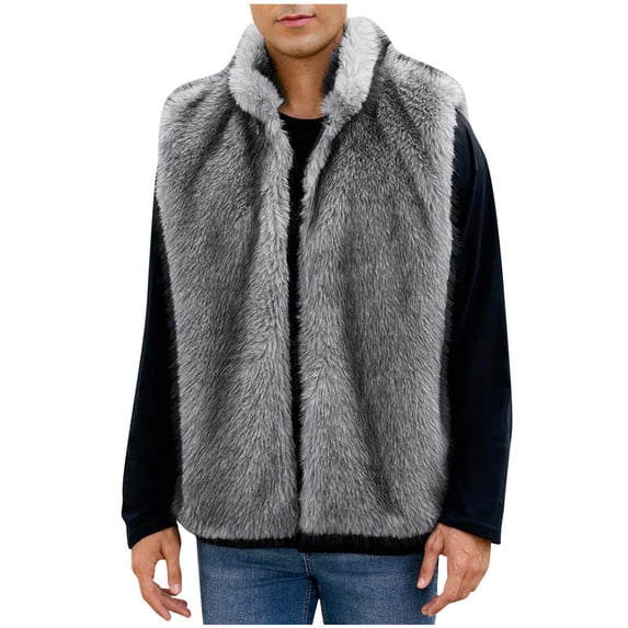 OGLCCG Men Winter Warm Fur Vest Stand Collar Sleeveless Faux Fur Waistcoat Fashion Classic Sleeveless Open Front Cardigans Coat,M,Dark Gray