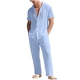 thumbnail image 1 of OGLCCG Men's 2 Piece Linen Beach Outfits Short Sleeve Button Up Hooded Shirt and Pant Set Casual Matching Set with Pockets,L,Light Blue, 1 of 8