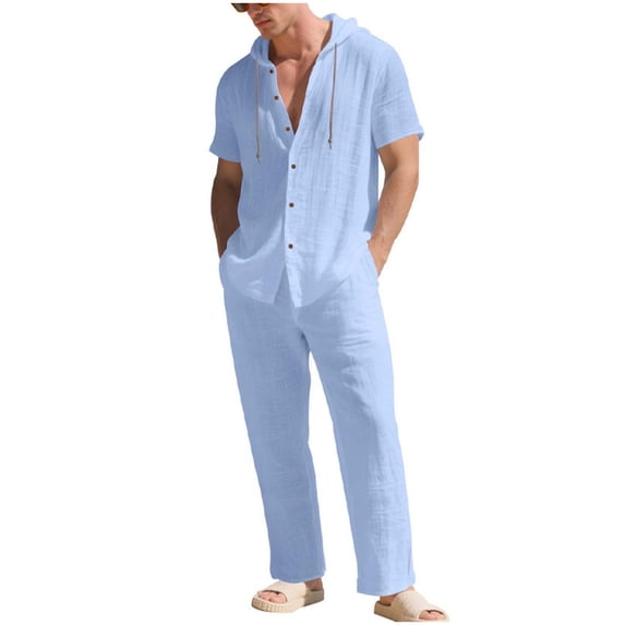 OGLCCG Men's 2 Piece Linen Beach Outfits Short Sleeve Button Up Hooded Shirt and Pant Set Casual Matching Set with Pockets,L,Light Blue