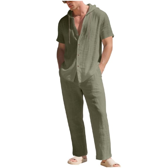 OGLCCG Men's 2 Piece Linen Beach Outfits Short Sleeve Button Up Hooded Shirt and Pant Set Casual Matching Set with Pockets,XXL,Army Green