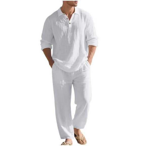 OGLCCG Men's 2 Piece Linen Outfits Lapel V-Neck Button Long Sleeve Shirt and Wide Leg Pants Lightweight Loose Fit Casual Suit Set