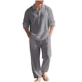 thumbnail image 1 of OGLCCG Men's 2 Piece Linen Outfits Lapel V-Neck Button Long Sleeve Shirt and Wide Leg Pants Lightweight Loose Fit Casual Suit Set, 1 of 7