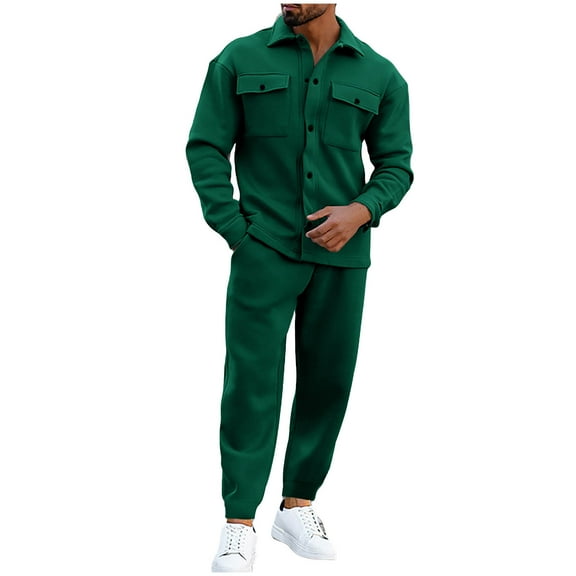 OGLCCG Men's 2 Piece Outfits Long Sleeve Buttton Down Cargo Fleece Shacket and Joggers Pants Causal Autumn Winter Warm Tracksuit Set with Pockets,L,Green