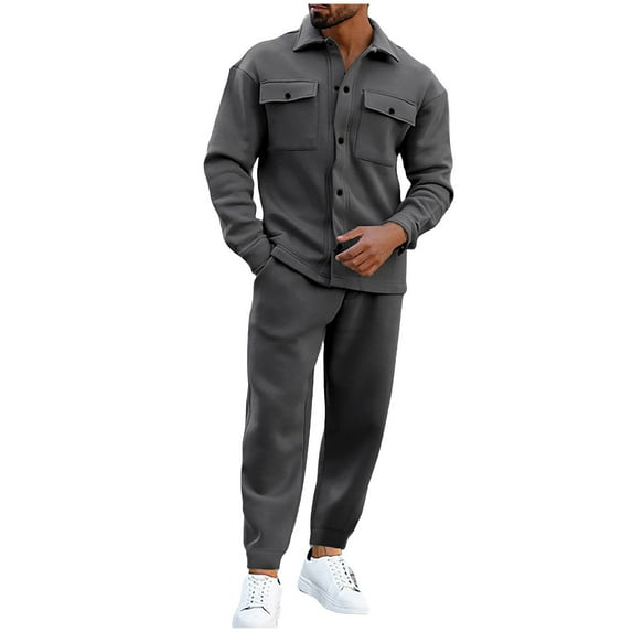 OGLCCG Men's 2 Piece Outfits Long Sleeve Buttton Down Cargo Fleece Shacket and Joggers Pants Causal Autumn Winter Warm Tracksuit Set with Pockets,XL,Gray