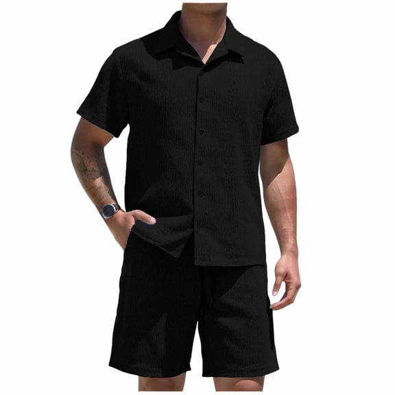 OGLCCG Men's 2 Piece Outfits Summer Short Sleeve Button Down Shirt and Baggy Shorts Lightweight Casual Loose Fit Beach Clothes Sets,S,Black