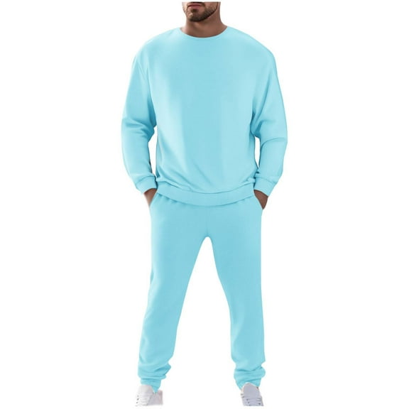 OGLCCG Men's 2 Piece Tracksuit Long Sleeve Crewneck Sweatshirt and Jogger Sweatpants Casual Warm Fleece Lined Sweatsuits Activewear Set,M,Light Blue