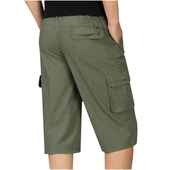 OGLCCG Men's 3/4 Long Cargo Shorts Cotton Casual Twill Elastic Below Knee Loose Capri Pants Multi-Pocket Athletic Workout Capris for Big and Tall Men