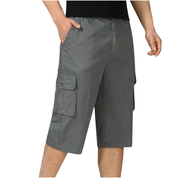 OGLCCG Men's 3/4 Long Cargo Shorts Cotton Casual Twill Elastic Below Knee Loose Capri Pants Multi-Pocket Athletic Workout Capris for Big and Tall Men