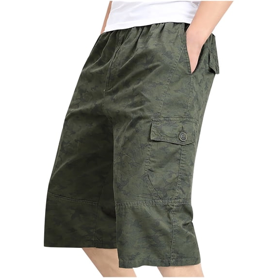 OGLCCG Men's 3/4 Long Cargo Shorts Cotton Casual Twill Elastic Below Knee Loose Capri Pants Multi-Pocket Athletic Workout Capris for Big and Tall Men