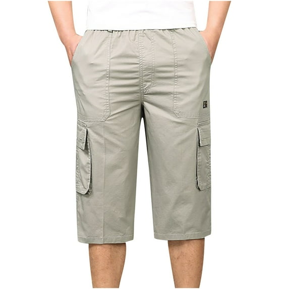 OGLCCG Men's 3/4 Long Cargo Shorts Cotton Casual Twill Elastic Below Knee Loose Capri Pants Multi-Pocket Athletic Workout Capris for Big and Tall Men