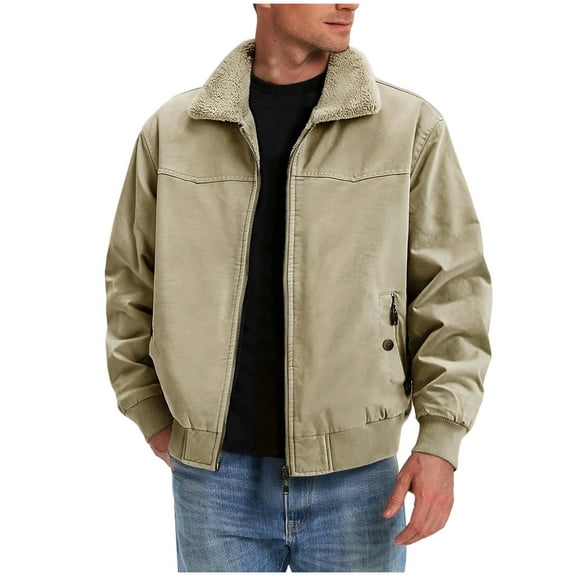 OGLCCG Men's Bomber Jacket Full Zip Long Sleeve Fuzzy Fleece Lined Warm Winter Coats for Men Solid Color Loose Thermal Outwear with Pockets