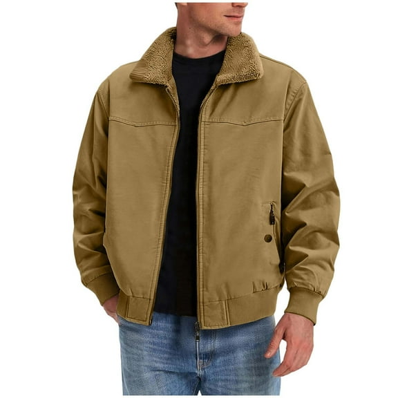 OGLCCG Men's Bomber Jacket Full Zip Long Sleeve Fuzzy Fleece Lined Warm Winter Coats for Men Solid Color Loose Thermal Outwear with Pockets