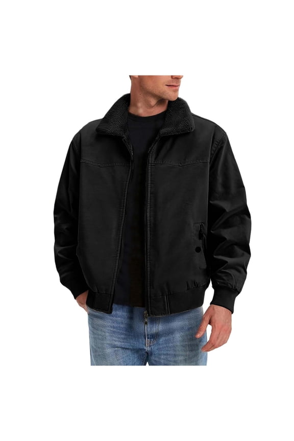 Men's Bomber Jacket Full Zip Long Sleeve Fuzzy Fleece Lined Warm Winter Coats for Men Solid Color Loose Thermal Outwear with Pockets