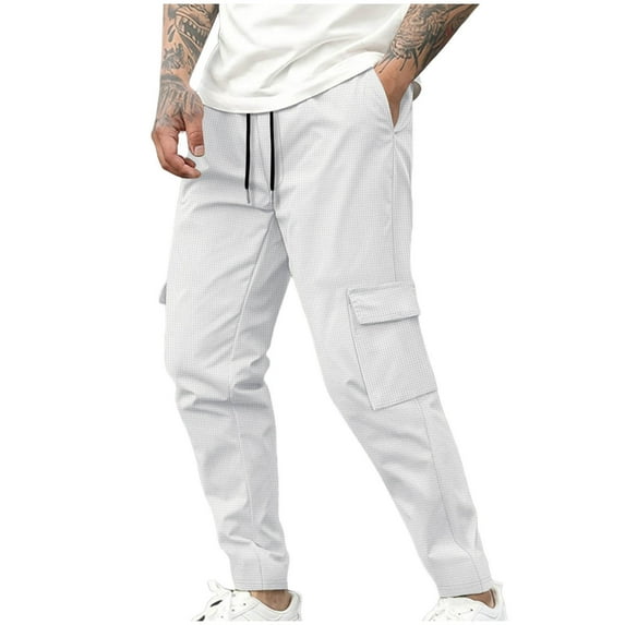 OGLCCG Men's Casual Cargo Joggers Pants Stretch Elastic Waist Drawstring Waffle Knit Tapered Sweatpants with Pockets Solid Color Loose Lounge Pants,XL,White
