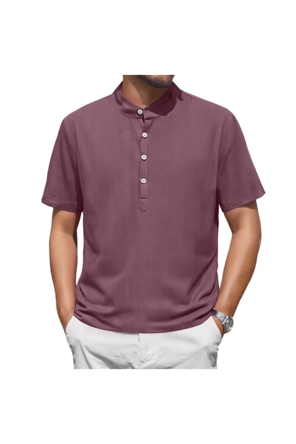 Men's Casual Cotton Linen Henley Shirt Band Collar Short Sleeve Shirt Lightweight Summer Beach Hippie T-Shirt,XXXXXL,Purple