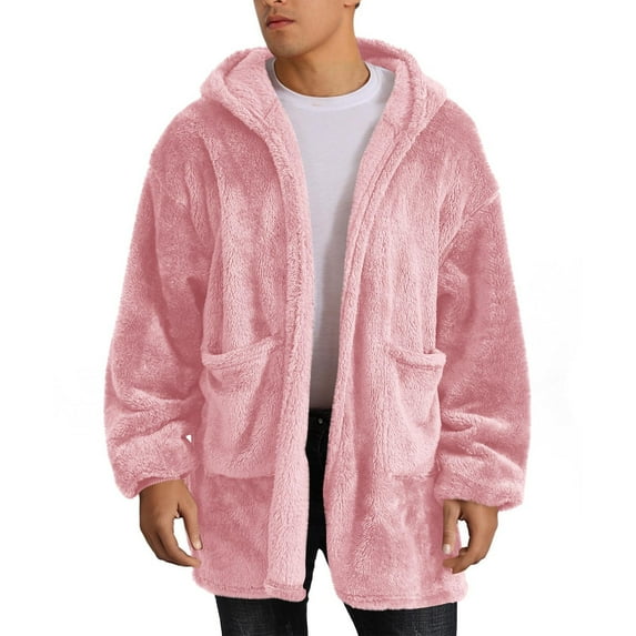 OGLCCG Men's Casual Fuzzy Jacket Open Front Fleece Hooded Cardigan for Men Fall Winter Soft Warm Long Sleeve Oversized Coat with Pockets,M,Pink