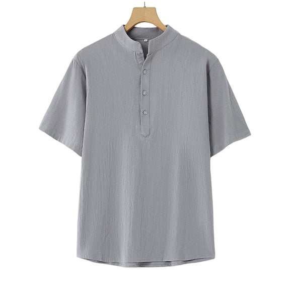 OGLCCG Men's Casual Henley Shirt Short Sleeve Summer Beach Band Collar Tees Shirt Solid Color Loose Fit Lightweight Hippie T-Shirts,XXL,Gray