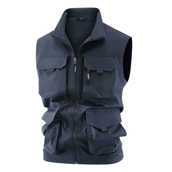 OGLCCG Men's Casual Retro Cargo Vest with Multi-Pocket Full Zip Fishing Photographer Mesh Vest Jacket Outdoor Sleeveless Work Jacket,M,Dark Blue