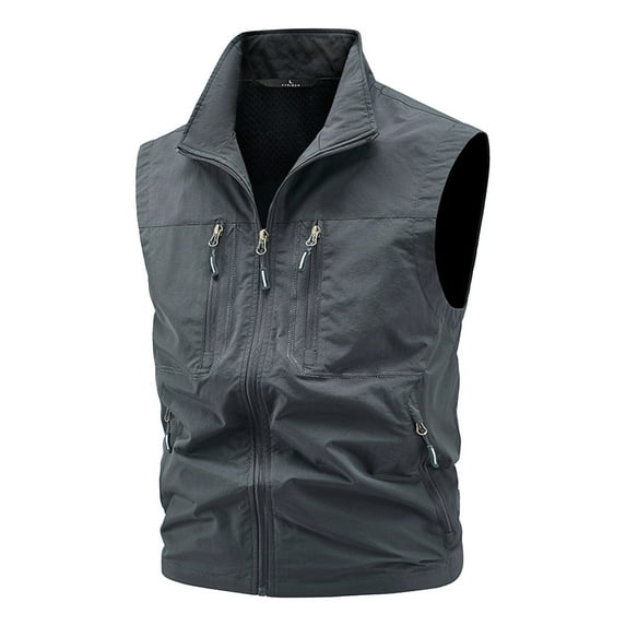OGLCCG Men's Casual Retro Cargo Vest with Multi-Pocket Full Zip Fishing Photographer Vest Coat Outdoor Sleeveless Work Jacket,XXL,Dark Gray
