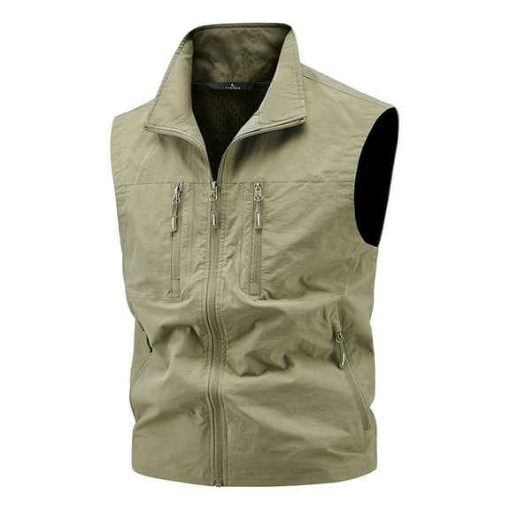 OGLCCG Men's Casual Retro Cargo Vest with Multi-Pocket Full Zip Fishing Photographer Vest Coat Outdoor Sleeveless Work Jacket,XXL,Khaki